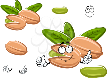 Smiling happy cartoon pistachio nut with green leaves and hands with a second plain variant, isolated on white. For snack design