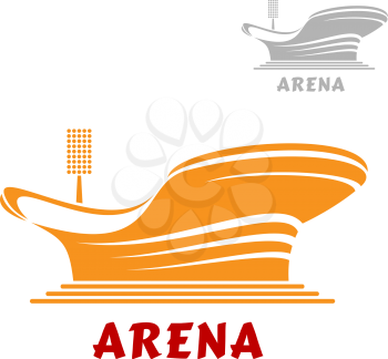 Architectural icon of a modern stadium or arena with flowing curved lines in orange and a second variant in gray and text  Arena below, isolated on white. For sports design