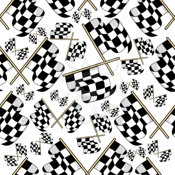 Seamless pattern of black and white crossed motor racing flags in a variety of sizes in a scattered pattern