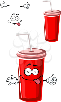 Colorful red disposable takeaway beverage cup with a cute face and second plain variation, isolated on white