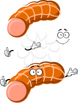 Funny cartoon brown fresh sausage character, isolated on white background