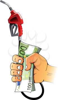 Hand holding red gasoline pump nozzle and euro bills, for gas pricing or oil industry theme