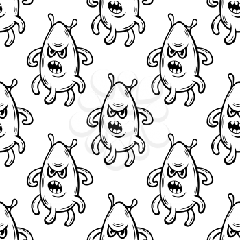 Seamless pattern of amusing cartoon monsters characters with horns and tentacles on white background, for Halloween party theme design
