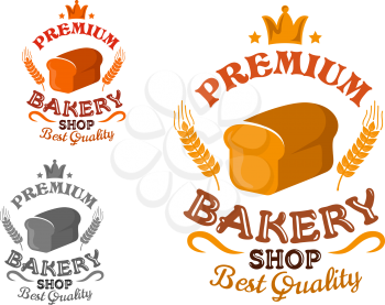 Bakery shop premium emblem with bread loaf, decorated by wheat ears, stars and crown