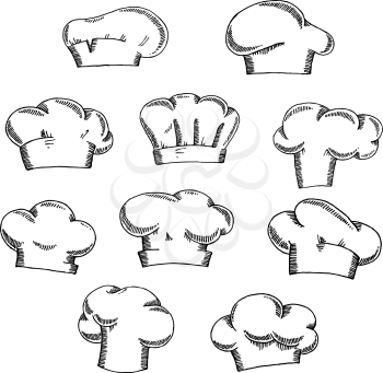 Traditional chef or baker hats and toques sketch icons with stylish draperies, for restaurant or bakery themes