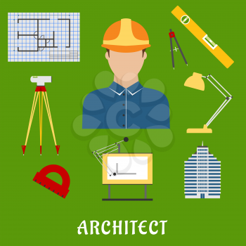 Architect profession flat icons showing man in helmet with drawing table, blueprint, compasses, protractor, lamp, ruler,  building and automatic level on tripod