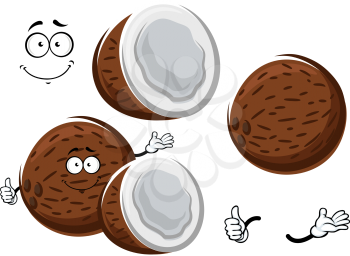 Fresh ripe coconut fruit cartoon character with sweet white copra inside, giving thumb up sign. For food or tropical dessert  design