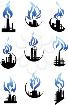 Gas and oil industry icons showing chemical industrial plants and factories with pipelines, tank storages, chimneys and powerful blue flames above them