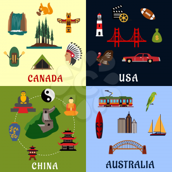 Nature, religion, culture, architecture flat icons of USA, Canada, China and Australia. For travel theme design