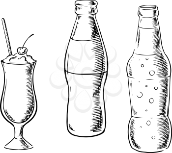Beer and soda bottles with milk cocktail, served in tall glass with cherry fruit and drink straw. Sketch image
