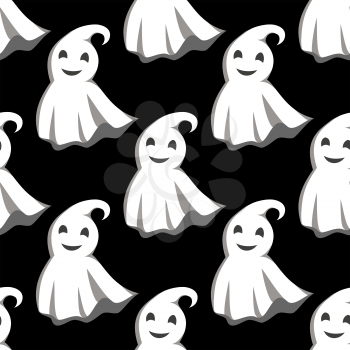Flying friendly little ghosts in white capes seamless pattern on black background, for Halloween theme design