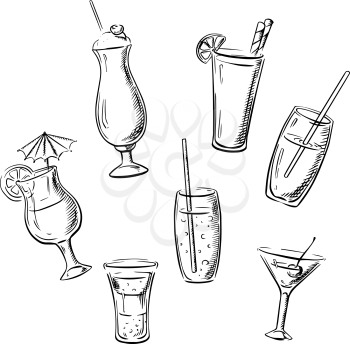 Alcoholic drinks, cocktails and beverages served in glasses with fruits, straws and umbrella. Sketch icons