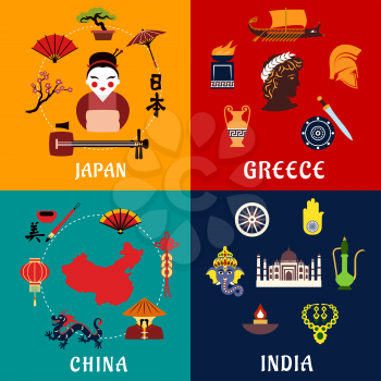 Culture,religious traditions, history and national heritage of Japan, China, India and Greece flat icons. For travel and tourism themes