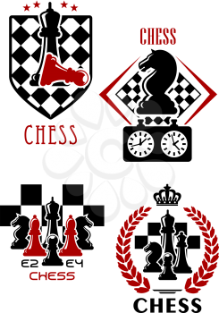 Chess game icons with king, queen, knight, bishop and pawn chessmen and timer on checkered background, supplemented by laurel wreath, shield, stars and crown