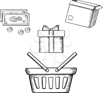 Shopping basket, gift box with ribbon bow, cardboard parcel, money bills and coins. Sketch icons for shopping theme