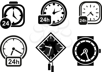 Clock and time icons with wall clocks, wristwatch and alarm clock with 24 hours signs, for time theme