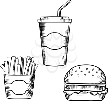 Fast food hamburger with beef patty and lettuce leaf, box of french fries and sweet soda paper cup with drinking straw. Sketch style