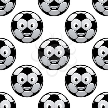 Funny football seamless pattern with smiling cartoon soccer balls on white background, for sporting theme design