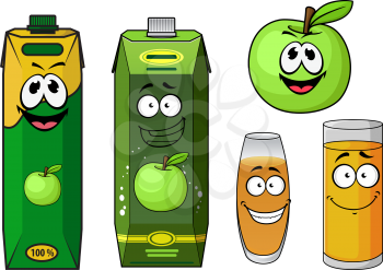 Natural apple juice cartoon characters with green apple fruit, carton packs with screw caps and glasses with yellow beverages, for drink packaging design
