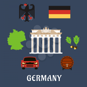 Germany national and travel flat icons with map, flag, black eagle emblem, oak branches, wooden barrel of beer, car and Brandenburg gates