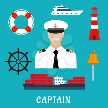 Captain profession flat icons with man in white uniform and peaked cap, surrounded by helm, cargo ship, yacht, lifebuoy, bell and lighthouse