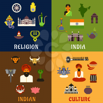 Indian culture, religion, travel and national flat icons with of map flag temples animals of worship musical instruments tea leaves, sculptures of gods traditional clothes