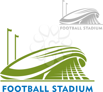 Football or soccer stadium building  green icon with flags, isolated on white. For sport theme design