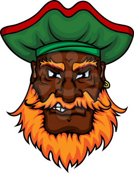 Dangerous african american pirate captain cartoon character with red beard and green hat for nautical or marine adventure theme