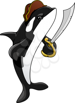 Cartoon pirate killer whale character with sword standing on tail, ready to fight. For marine or adventure themes design