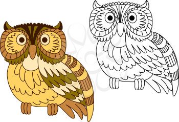 Cartoon brown short eared owl with barred wings and tail, second variant in outline style