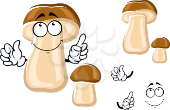 Wild forest king bolete mushroom cartoon character with pale brown cap, isolated on white