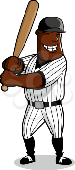 Cartoon african american baseball player with bat in hands awaiting a pitch from pitcher, for sport game theme design