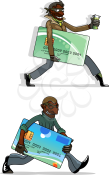 African american thieves cartoon characters with stolen plastic bank cards and money in hands. For cyber crime or criminal theme concept