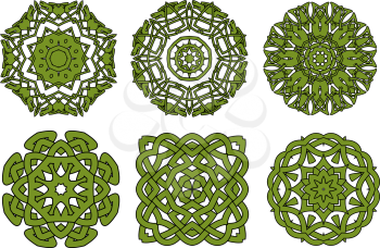Circular green celtic knot patterns with floral ornamental elements, for tattoo or medieval themes design