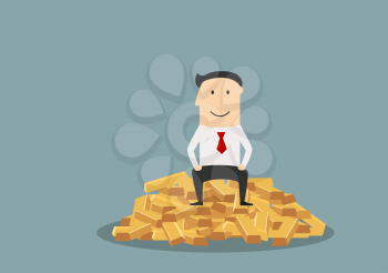 Glad businessman sitting on the top of heap of gold bars, for success or wealth concept design. Cartoon flat style