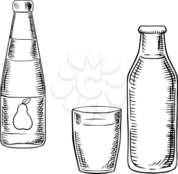 Bottles of sweet pear juice and fresh farm milk with filled glass, for drink and food concept design. Sketch icons