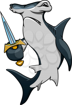 Dangerous hammerhead shark pirate cartoon character with sharp sword, for marine mascot or adventure theme