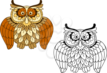 Cartoon mottled brown and outline owl bird with decorative feathers and round cute faces, for Halloween or wildlife design