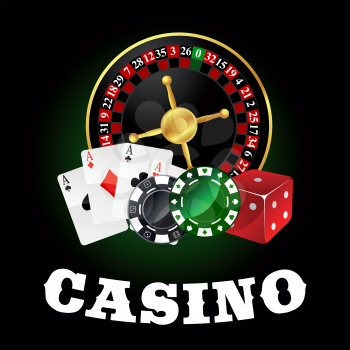 Casino roulette table with wheel, poker ace cards, gambling chips and red dice. For gaming industry theme