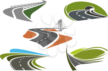 Road bridge, highway tunnel, mountain freeway and steep turns of highways icons set, for travel or transportation themes