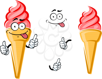 Strawberry ice cream cone cartoon character with pink swirl giving thumb up sign, for food or dessert menu