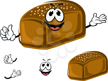 Happy loaf of dark rye bread cartoon character with sesame seeds, for healthy food or bakery theme
