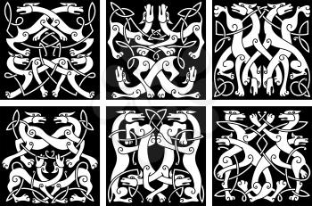 Celtic animal knot patterns with playing wolves or dogs, decorated by geometric tribal ornaments, for tattoo or heraldic coat of arms design