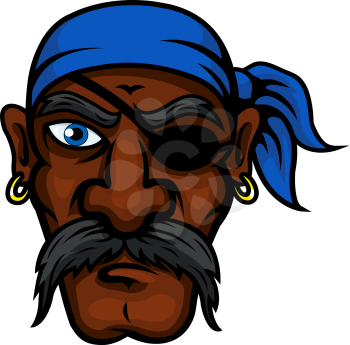 Brutal african american pirate cartoon character with blue bandanna, eye patch, golden earrings and long moustache, for marine and adventure theme