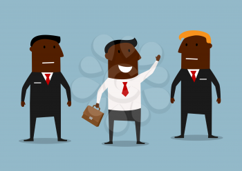 Cartoon cheerful african american businessman waving hand with strong and serious bodyguards, for business security concept