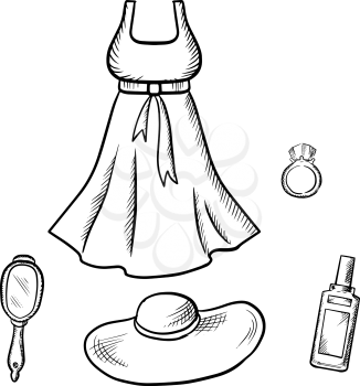Sleeveless dress, sun hat, ring, mirror with handle and perfume. Fashion and beauty theme sketches