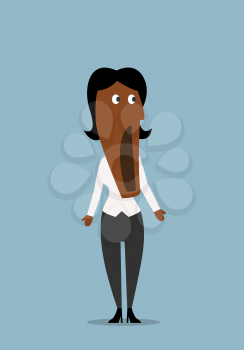 Surprised or shocked african american businesswoman with wide open eyes and mouth. Cartoon flat style 