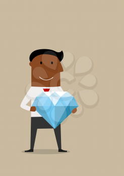 Cartoon joyful smiling african american businessman with huge diamond in hands, for wealth or success concept design