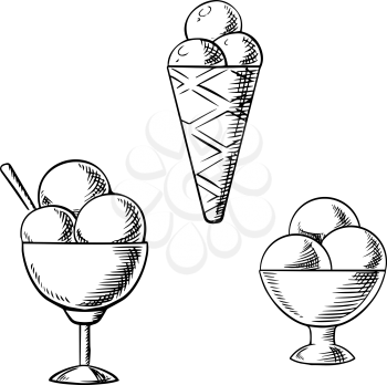 Delicious sweet ice cream cone with sugar waffle and sundae desserts with ice cream scoops in retro bowls, decorated by waffle roll. Sketch icons for dessert menu
