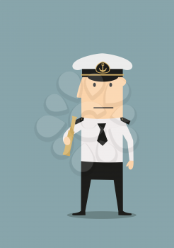 Confident sea captain in white uniform shirt and peaked cap, with spyglass in hand, for profession theme concept. Cartoon flat style